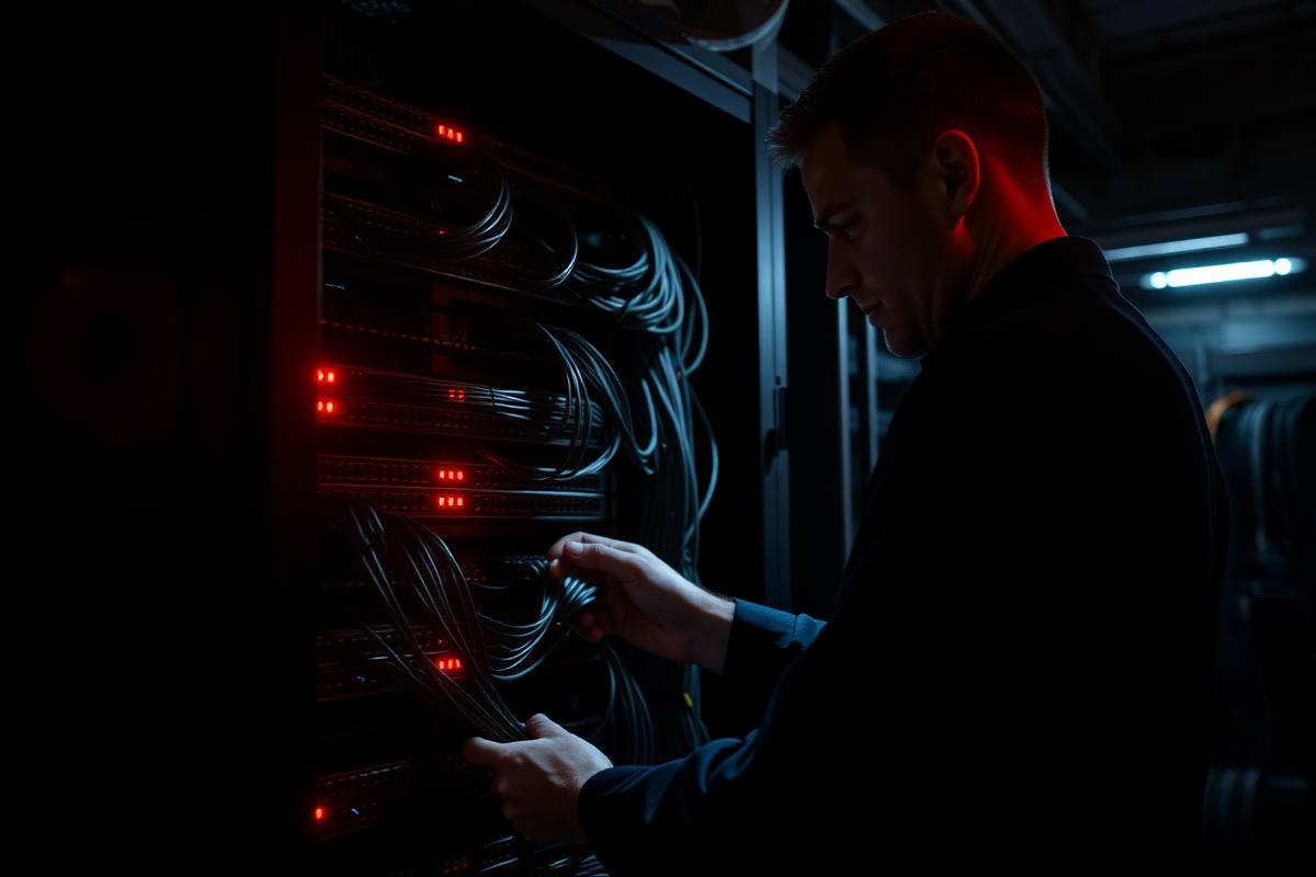 Técnico organizando cabeamento estruturado em rack de rede
